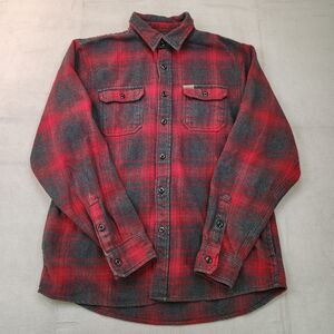 Orvis Big‎ Bear Heavyweight Flannel Shirt Men's L Red Gray Plaid Shacket Pockets